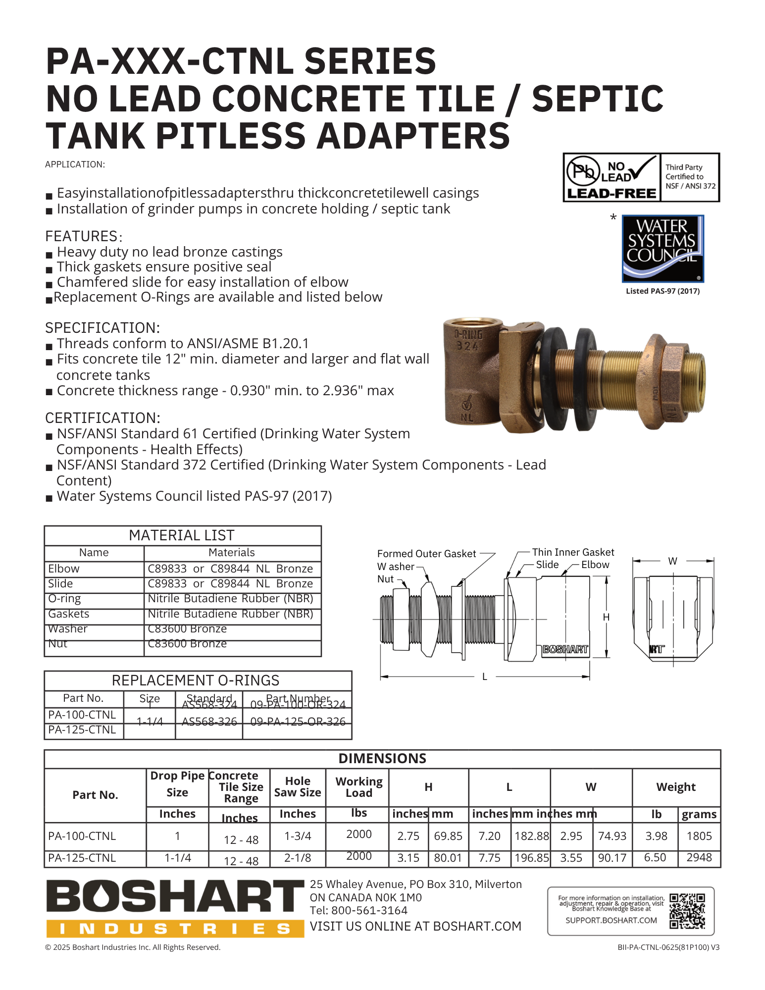 1 1/4" Brass Concrete Tile Pitless No Lead